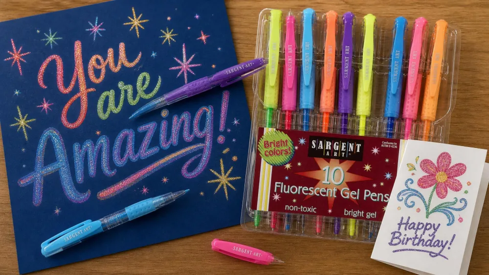 Sargent Art glitter gel pens writing bold sparkly lettering on dark blue poster board, the ten-pack open beside a homemade greeting card.
