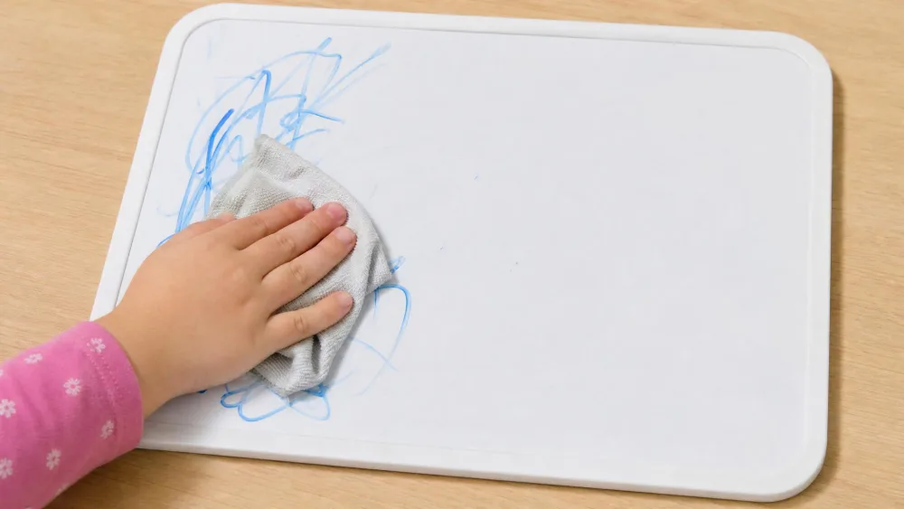 A child's hand wiping a blue dry-erase scribble off a small whiteboard with a dry cloth, leaving the board almost completely clean.