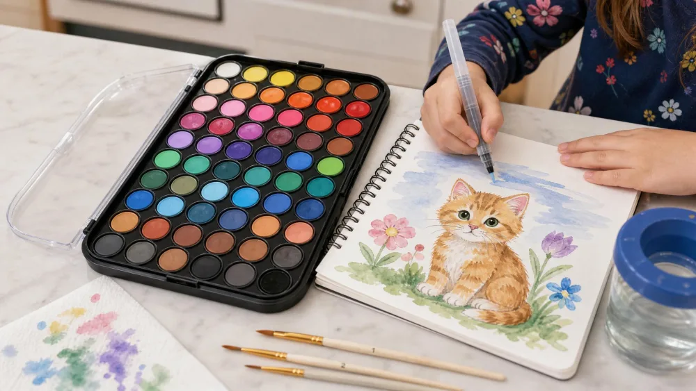 A child's hands painting with the open 48-color washable watercolor palette and refillable water brush pen on a kitchen table.