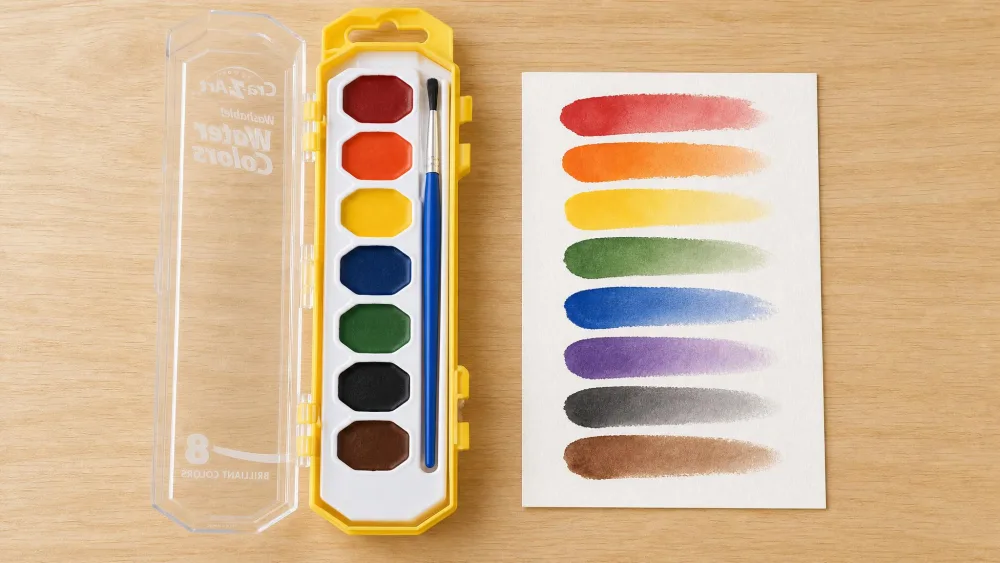 The Cra-Z-art 8-color watercolor tray open with its brush resting on top, next to test brush strokes on paper.