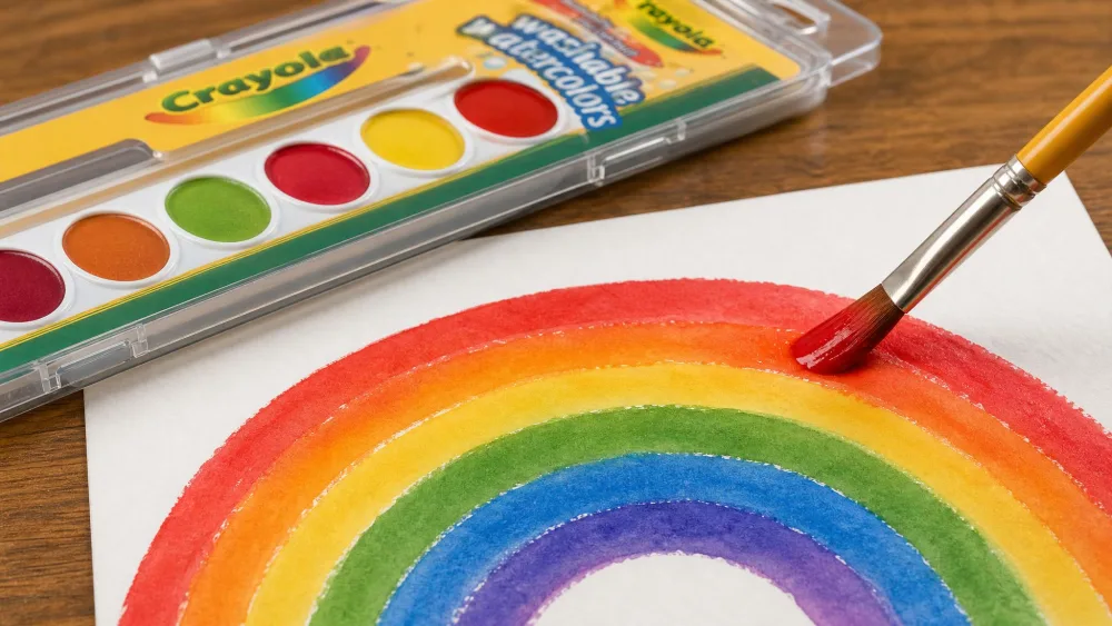 A paintbrush loaded with vibrant red paint from the Crayola 16-Count watercolor pans, with a painted rainbow on paper below.