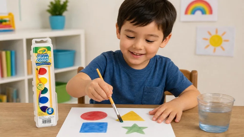 A young child painting with the Crayola 8-Count Washable Watercolors, simple colored shapes on the paper below.