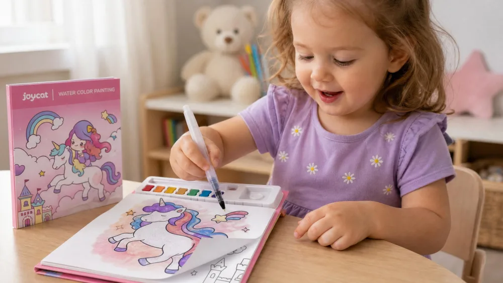 A toddler using a wet brush on a JoyCat paint-with-water coloring book page, the hidden picture partly revealed.