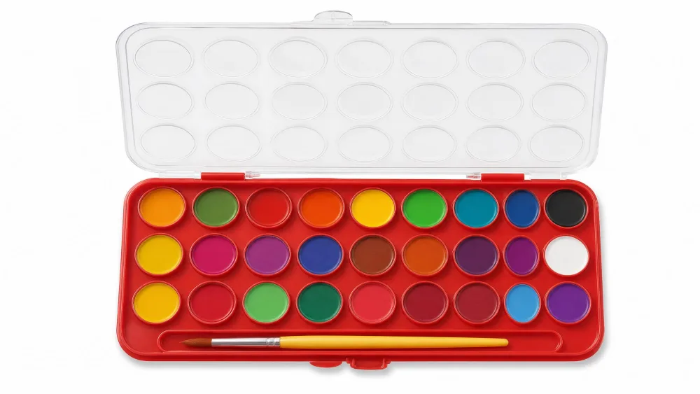 The Melissa & Doug Deluxe Watercolor Paint Set case open, showing all 21 paint wells and the tray lid.