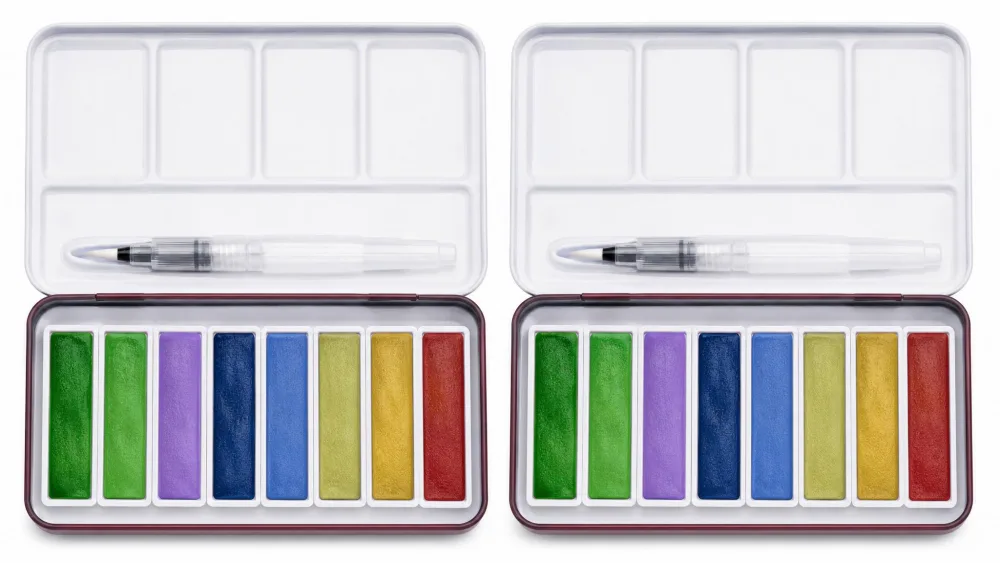Two Mr. Pen 8-color watercolor cases open side by side, each with its matching brush on the palette lid.