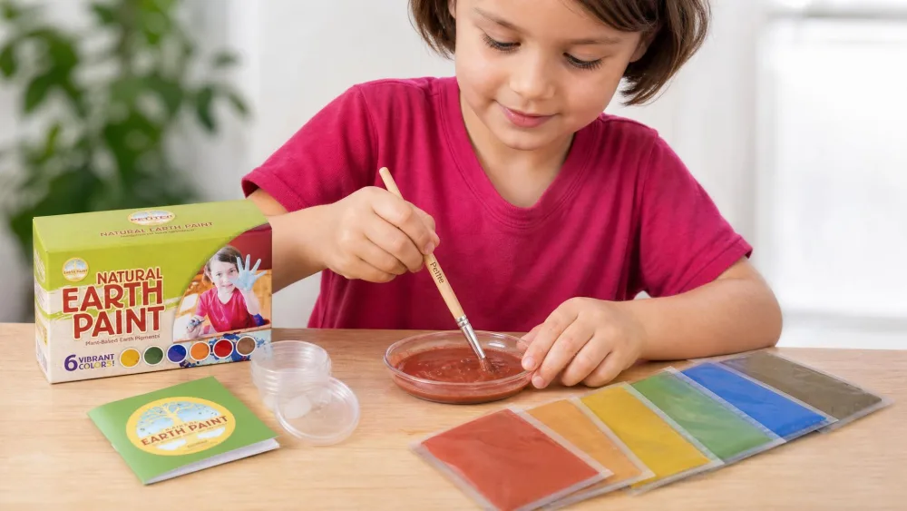 A child mixing one of the Petite Natural Earth Paint Kit's six pigment packets with water in a small dish, using the included bamboo brush.