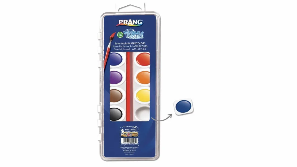A Prang 16-color oval-pan watercolor tray with one pan removed to show how pans pop out for replacement.