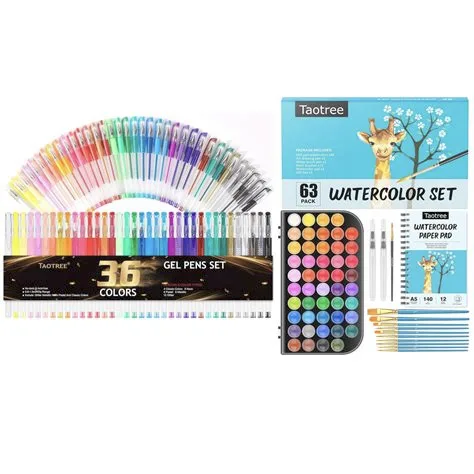 The Taotree 48-color case open beside its bundled watercolor workbook pad and ten wooden brushes.