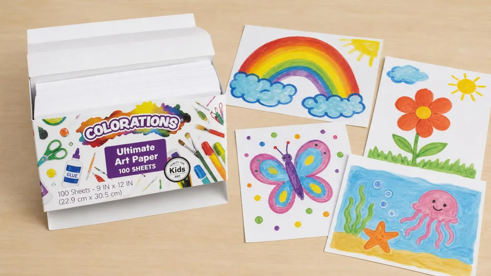 An open 100-sheet pack of Colorations Ultimate Art Paper beside finished children's paintings