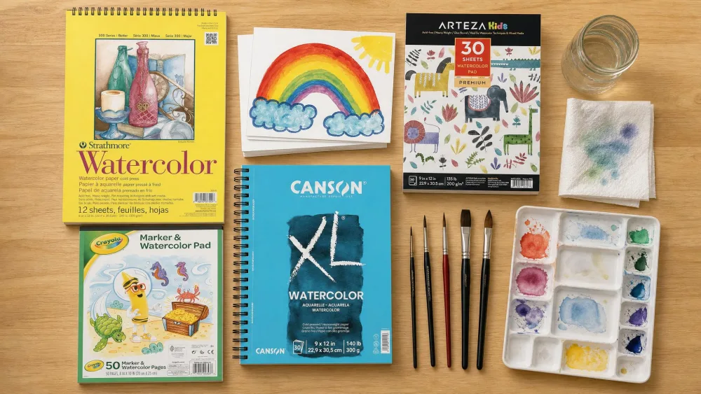 An overhead view of a kitchen table set up for watercolor paper testing with five pads and brushes
