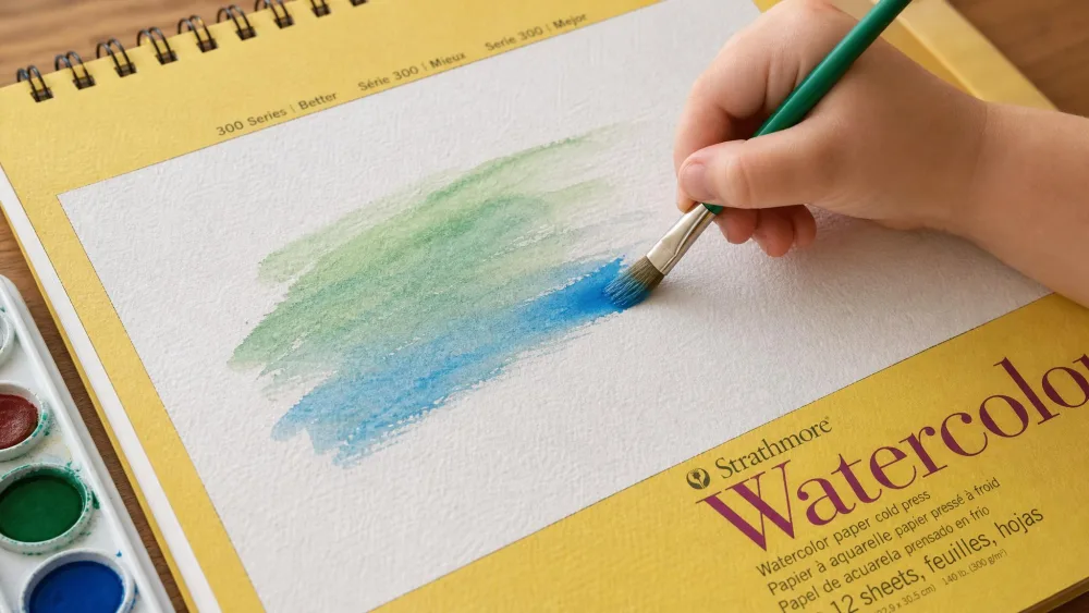A child's hand brushing paint across the textured felt side of a Strathmore sheet