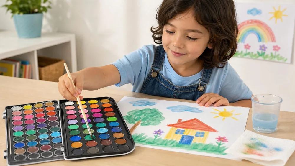 A child dipping a brush into an open 48-color washable watercolor tray beside a half-finished painting.