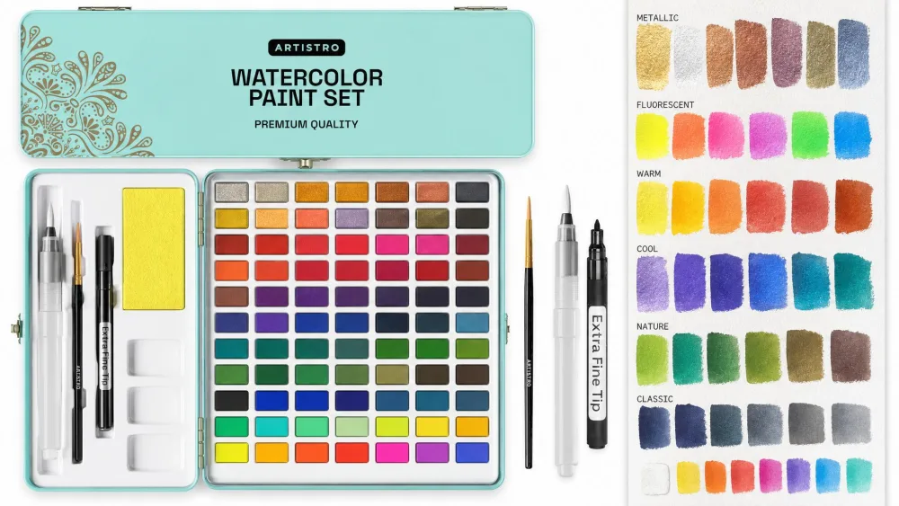 An open ARTISTRO tin of 50 colors with metallic and fluorescent shades beside a strip of shimmering painted swatches.