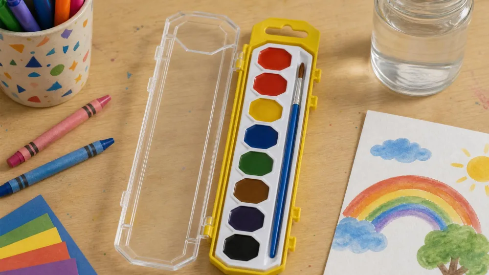 A Cra-Z-art 8-color washable watercolor set in its open hinged case with a single brush on a craft table.