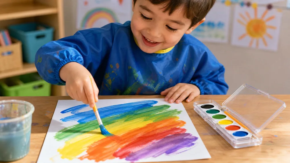 A preschooler painting broad colorful strokes over an open Crayola 8-count washable watercolor pan set at a table.