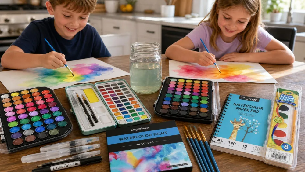 Several open kids watercolor sets on a kitchen table with a water jar and two children painting bright washes on paper.