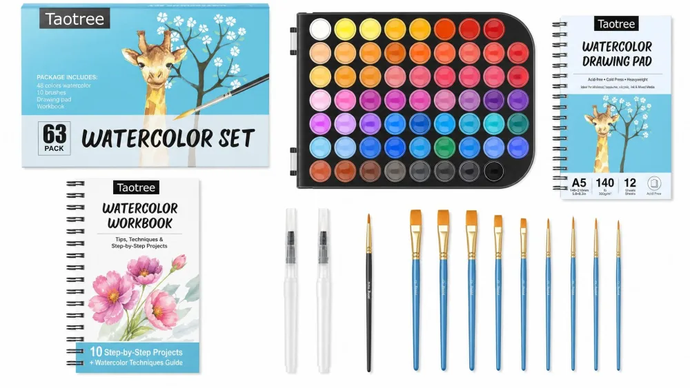 The Taotree watercolor kit laid out with a 48-color palette, ten brushes, a drawing pad, and a workbook.