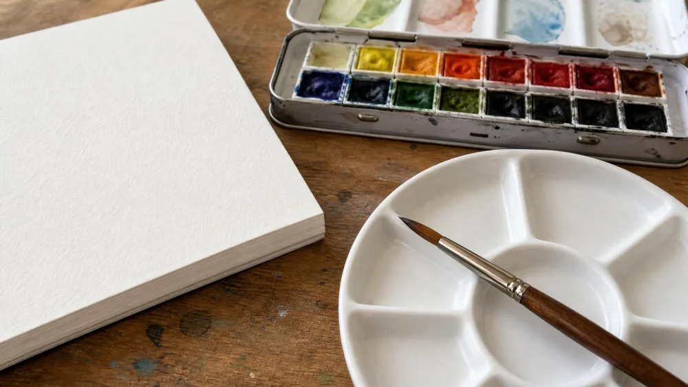 A pointed watercolor brush on a white mixing palette beside a pad of thick watercolor paper and an open pan set.
