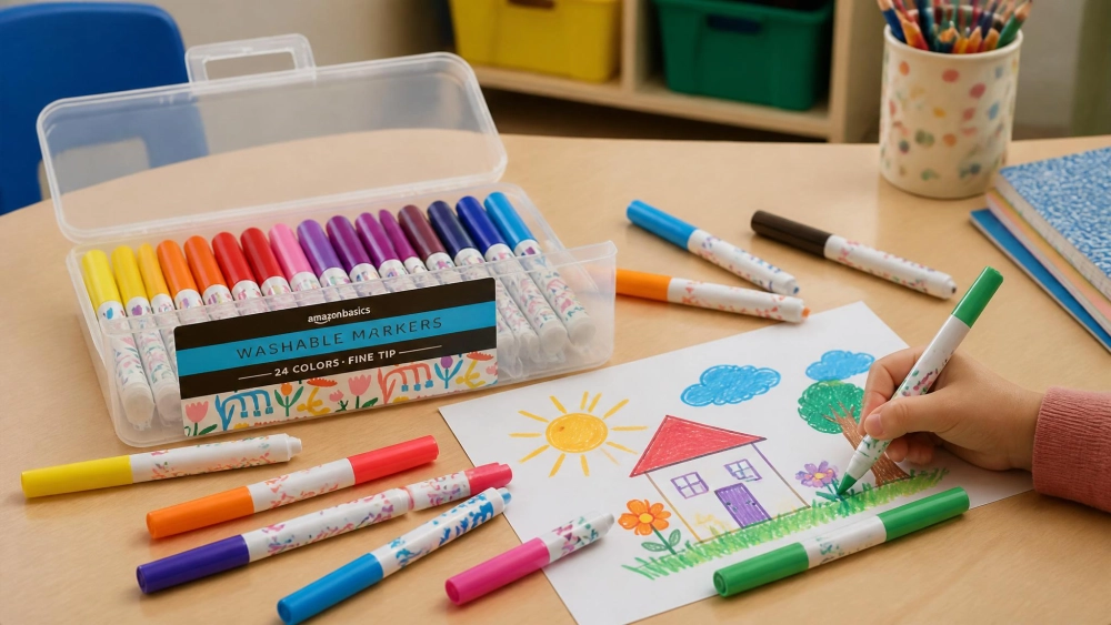 An open bulk box of Amazon Basics washable markers with color-coded caps spread across a classroom-style table, a child's drawing in progress.