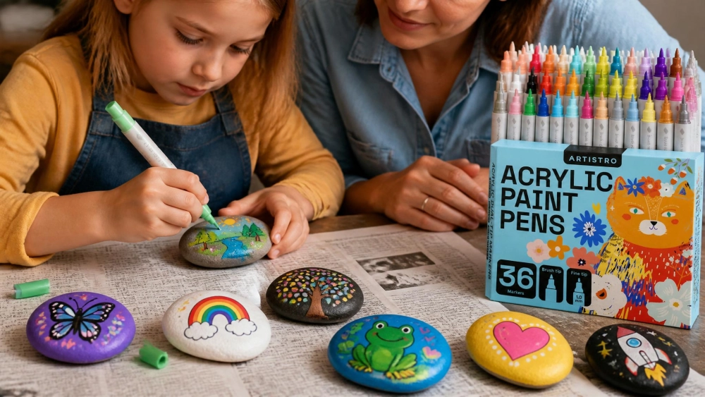 A supervised child painting a smooth river rock with a fine-tip Artistro acrylic paint marker, several painted rocks drying on newspaper nearby.