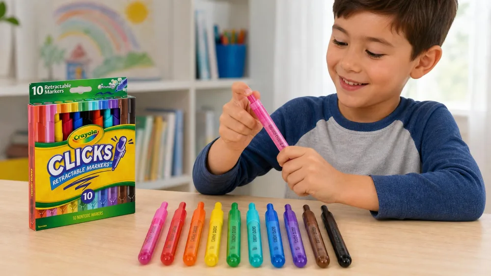 A child pressing the click button on a capless Crayola Clicks retractable marker, with the 10-count set lined up on a table.