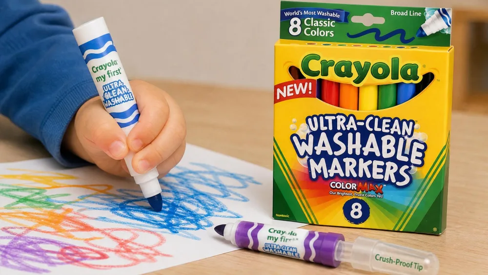 A toddler's fist gripping a chunky Crayola My First Ultra-Clean marker while scribbling on paper, with the eight-count box and crush-proof tips visible nearby.