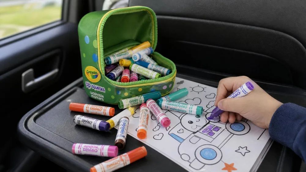Short, stubby Crayola Pip-Squeaks markers spilling from a travel case onto a car tray table while a small hand colors a page.