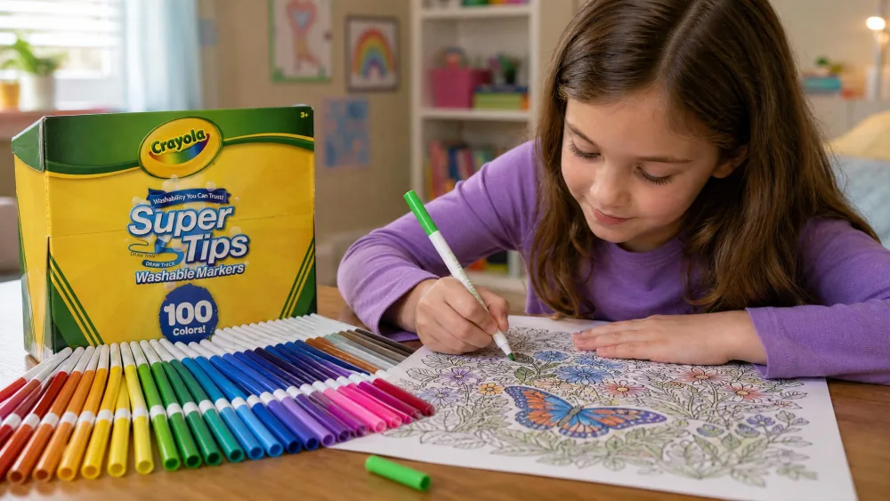 An eight-year-old choosing from a fanned-out 100-count box of Crayola Super Tips washable markers to color a detailed drawing on white paper.