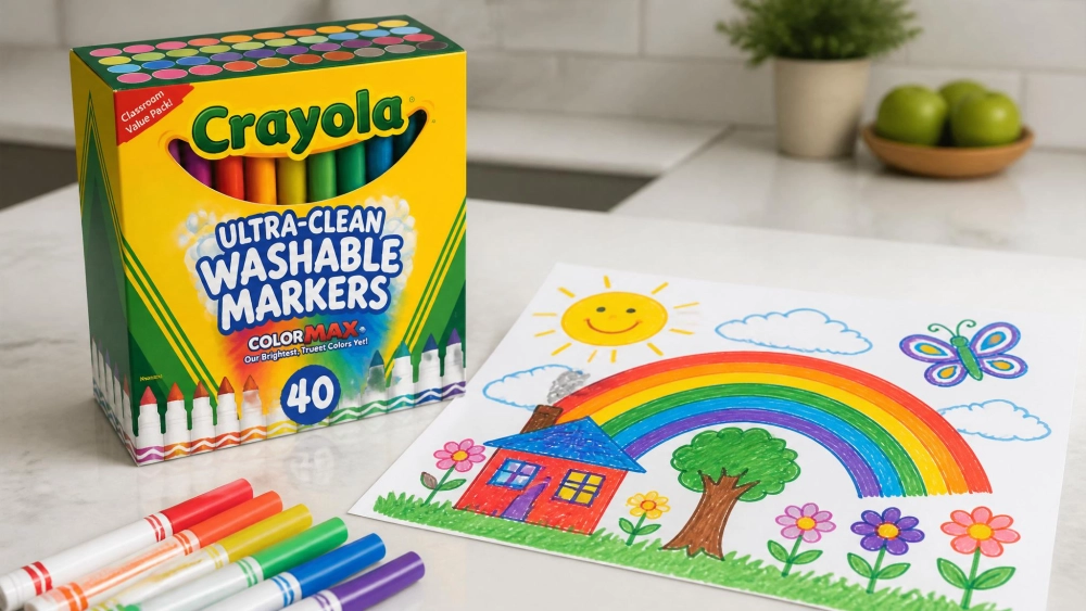 A 40-count box of Crayola Ultra-Clean washable markers next to a finished, colorful child's drawing on a clean kitchen table.