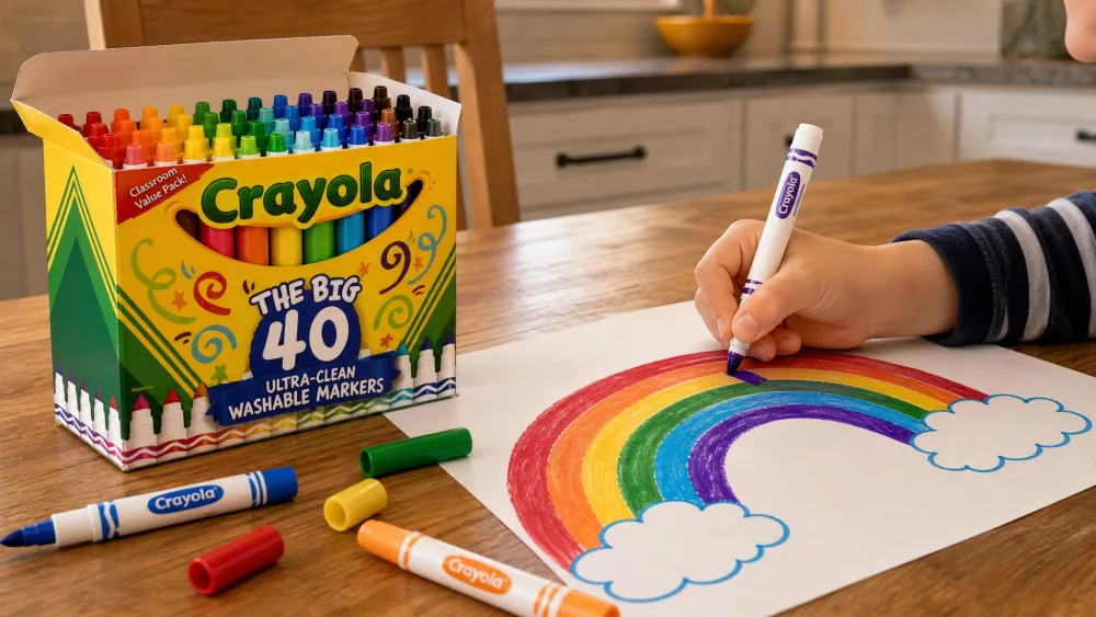 A child's hand at a kitchen table coloring a bold rainbow with an open 40-count box of Crayola Ultra-Clean washable markers beside the page, several caps off.