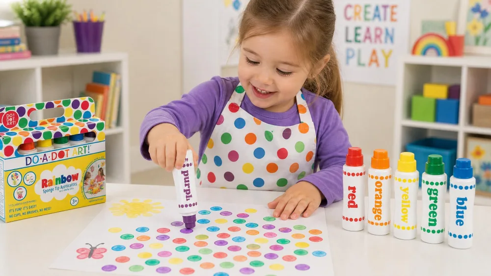 A preschooler in an apron stamping colorful dots onto paper with a Do A Dot Art! sponge-dauber marker, the six rainbow bottles lined up beside them.