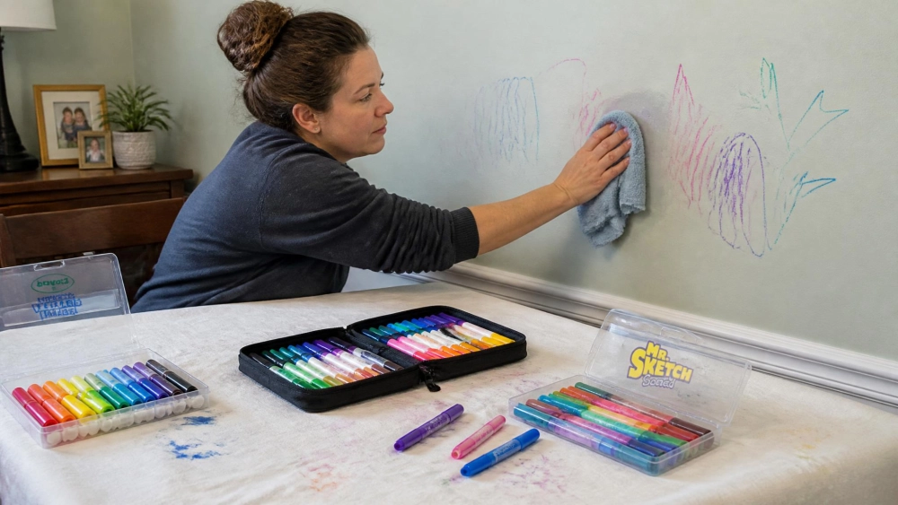 A parent wiping marker off a painted wall with a cold, damp washcloth while a stained white cotton tablecloth and several open marker sets sit on the table.