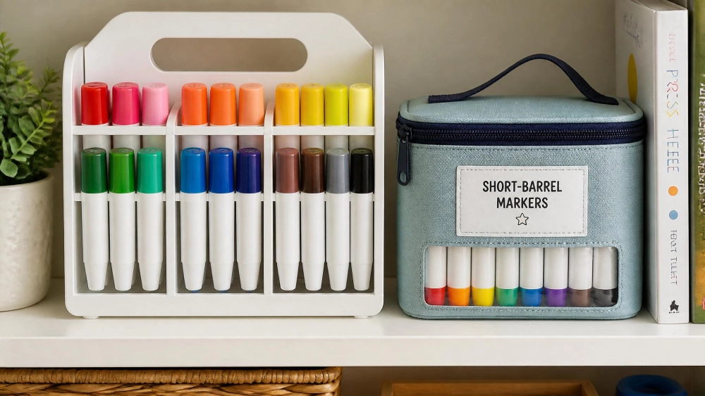 A tidy caddy holding kids' markers stored tip-down beside a labeled travel pouch of short-barrel markers on a shelf.