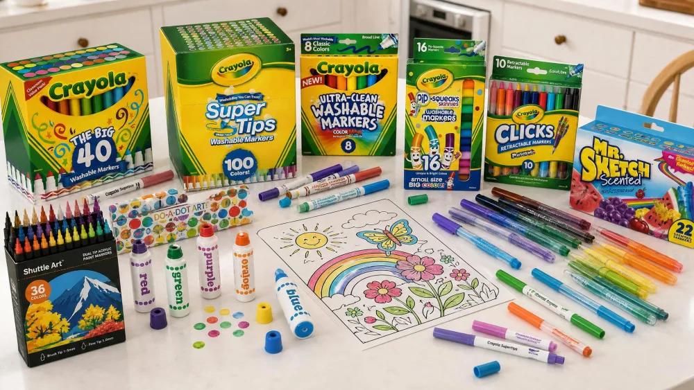 Ten different kids' marker sets arranged on a white kitchen table, including Crayola Ultra-Clean, Super Tips, Pip-Squeaks, Mr. Sketch, and Do A Dot bottles, several caps off, with a coloring page in the middle.