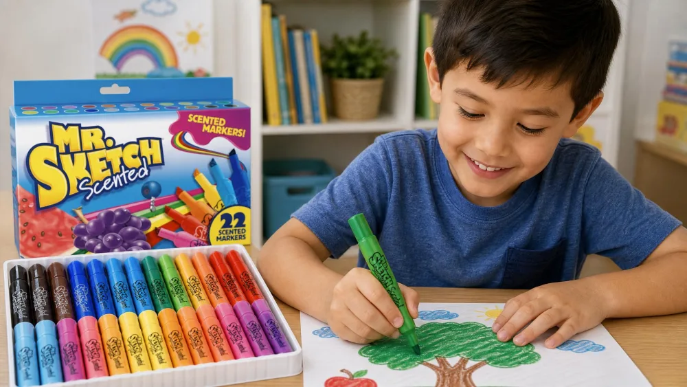 A child smelling a green Mr. Sketch scented chisel marker while coloring, with the open 22-count tray of scented markers on the table.