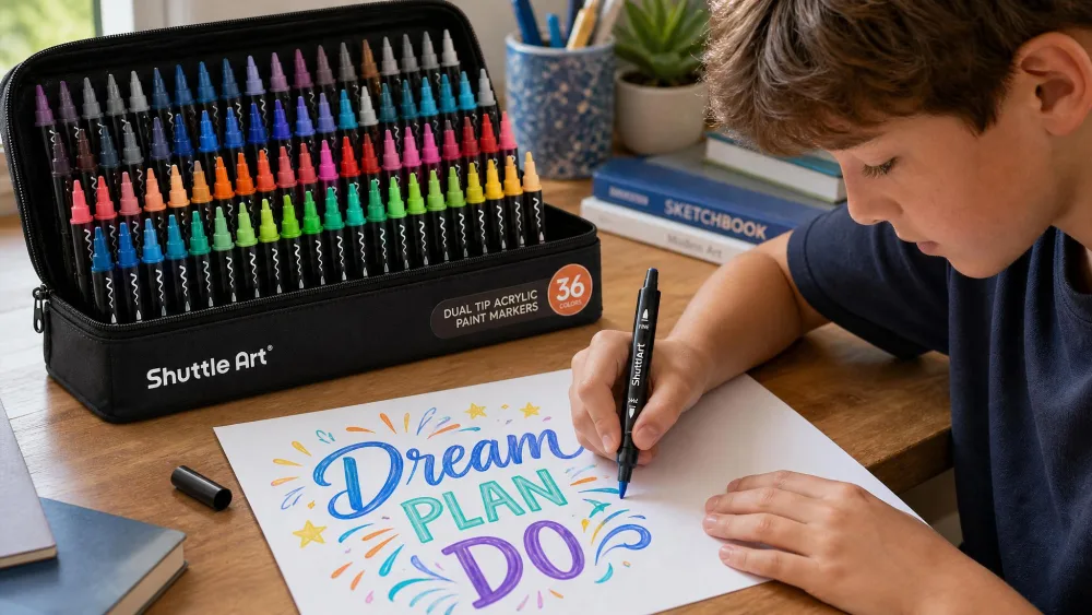 An older child using the fine bullet tip of a Shuttle Art dual-tip marker for detailed lettering, with a large open case of dozens of colors behind it.