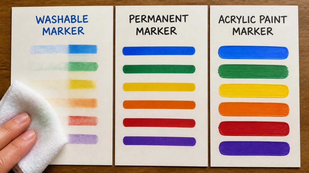 Side-by-side paper swatches showing washable marker, permanent marker, and acrylic paint marker strokes, with a wet cloth partly wiping the washable swatch clean.