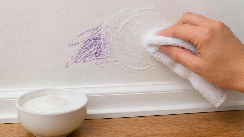 A small white bowl of thick baking soda paste beside a wall with a purple crayon mark, and a hand using a soft cloth to scrub the paste over the mark in circular motions.
