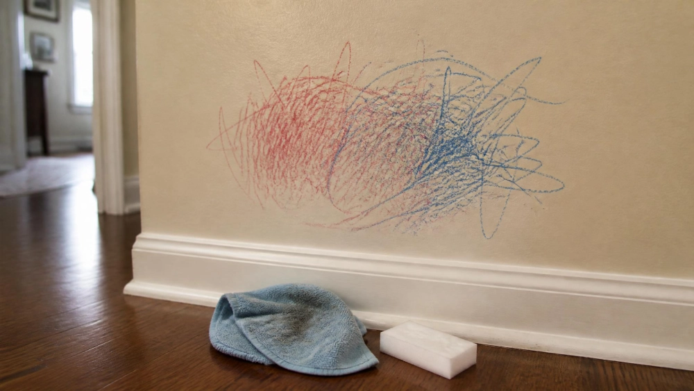 A cluster of red and blue crayon scribbles on a pale beige painted hallway wall at a child's arm height, with a damp microfiber cloth and a Magic Eraser resting on the baseboard below.