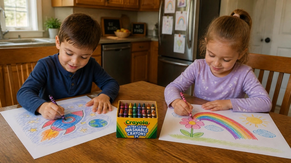 Two young children coloring on large sheets of paper at a wooden kitchen table with a box of washable crayons between them, keeping the crayons contained to the paper.