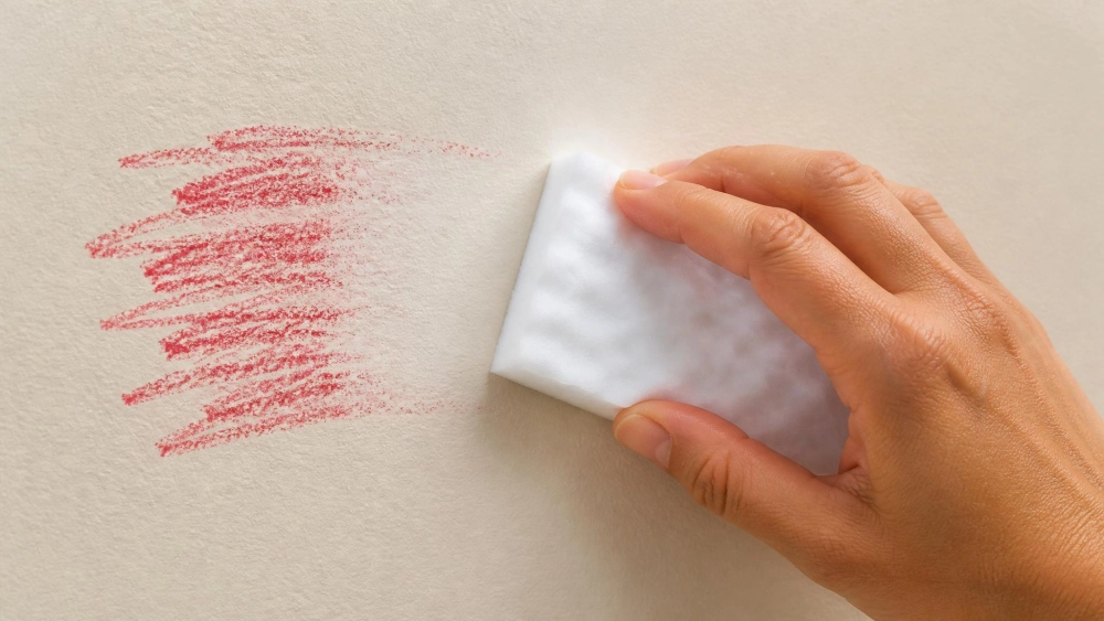 A hand holding a white damp Magic Eraser sponge wiping a red crayon streak off a satin-finish wall, with the crayon mark half-erased to show the clean paint underneath.