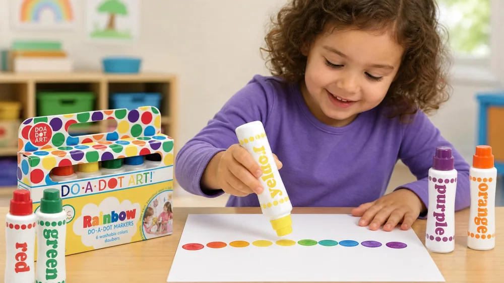A preschooler pressing a fat Do A Dot washable paint dauber onto white paper, stamping a row of colorful dots, with the open six-pack of dauber bottles standing on the table nearby.
