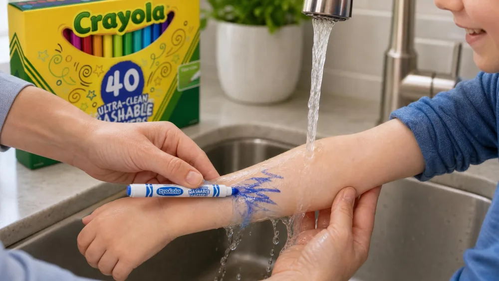 A parent rinsing bright blue Crayola Ultra Clean marker scribbles off a young child's forearm under a running kitchen tap, the ink lifting away and leaving clean skin.