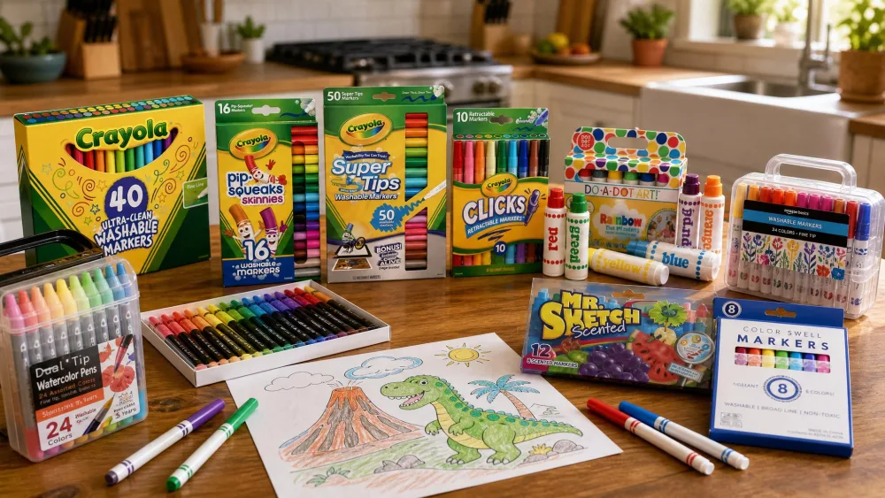 Nine open boxes of kids' washable markers lined up across a wooden kitchen table, including a Crayola Ultra Clean 40-count set, Do A Dot dauber bottles, and Mr. Sketch scented markers, with a half-finished coloring page in front.