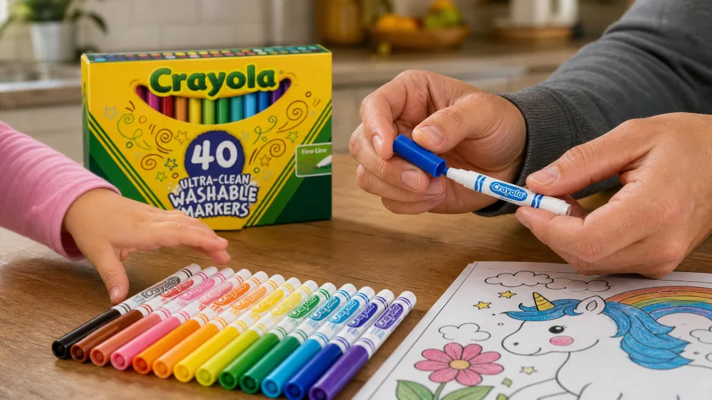 A close-up of an adult hand firmly recapping a washable marker beside a tidy row of capped markers and a coloring page on a kitchen table, with a child's hand reaching for the next color.
