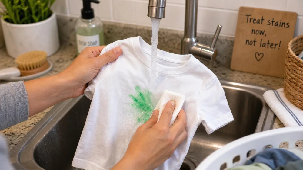 A parent holding a child's white cotton t-shirt with a bright green marker stain under running hot water at a kitchen sink, blotting the mark before machine washing.