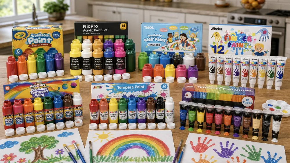 Eight open washable paint sets from Crayola, Nicpro, TMOL, ABEIER, JOYIN, and Cra-Z-Art lined up on a wooden kitchen table beside children's paintings and brushes.