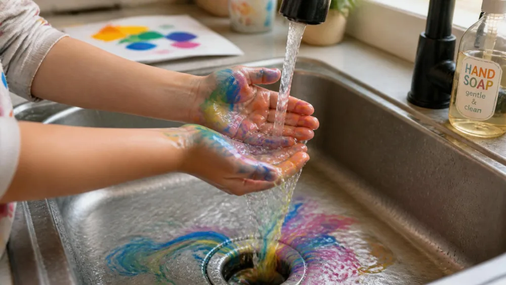 A child's paint-covered hands being rinsed clean under warm running water at a kitchen sink, with colorful washable paint swirling down the drain.