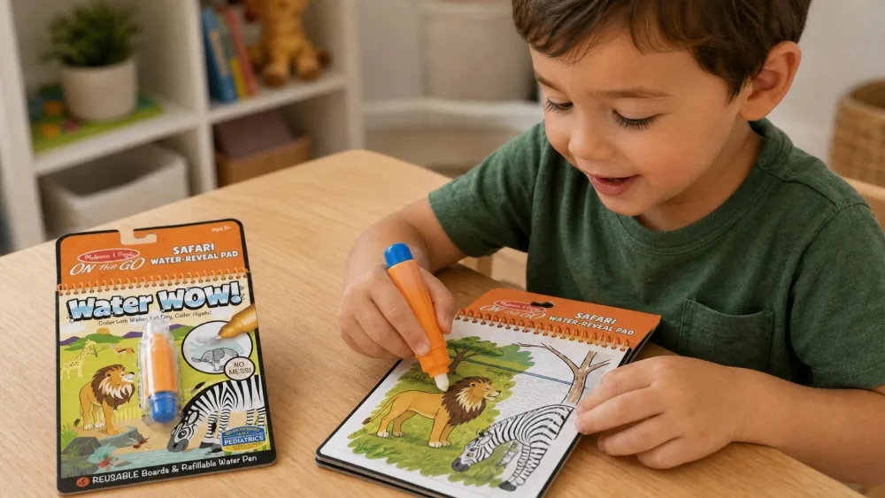 A child using the Water Wow water pen to reveal a hidden safari picture on a reusable pad