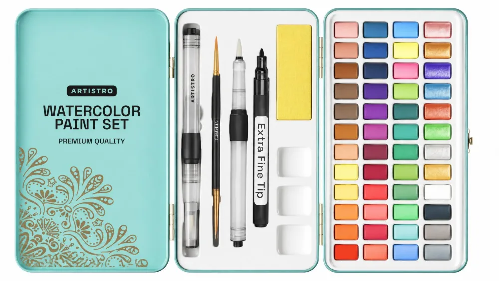 An open ARTISTRO 50-color metal tin with its brush, water brush pen, and sponge nested in their slots.